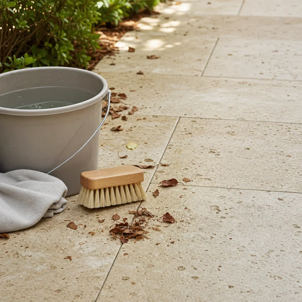 21 travertine walkway ideas for elegant, freeze-thaw ready outdoor paths a gentle cleaning setup for maintaining travertine walkways.