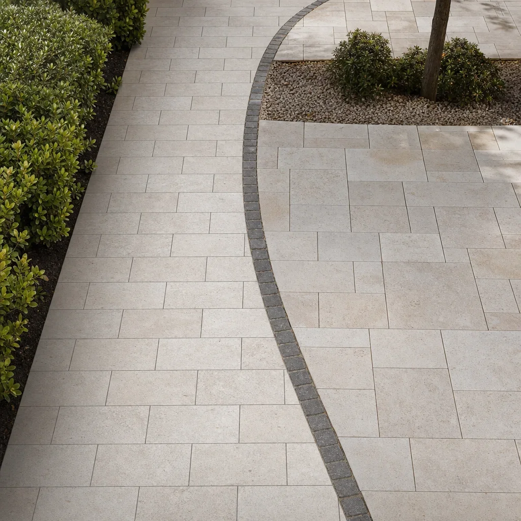 21 travertine walkway ideas for elegant, freeze-thaw ready outdoor paths a travertine walkway showing modular pattern variations.