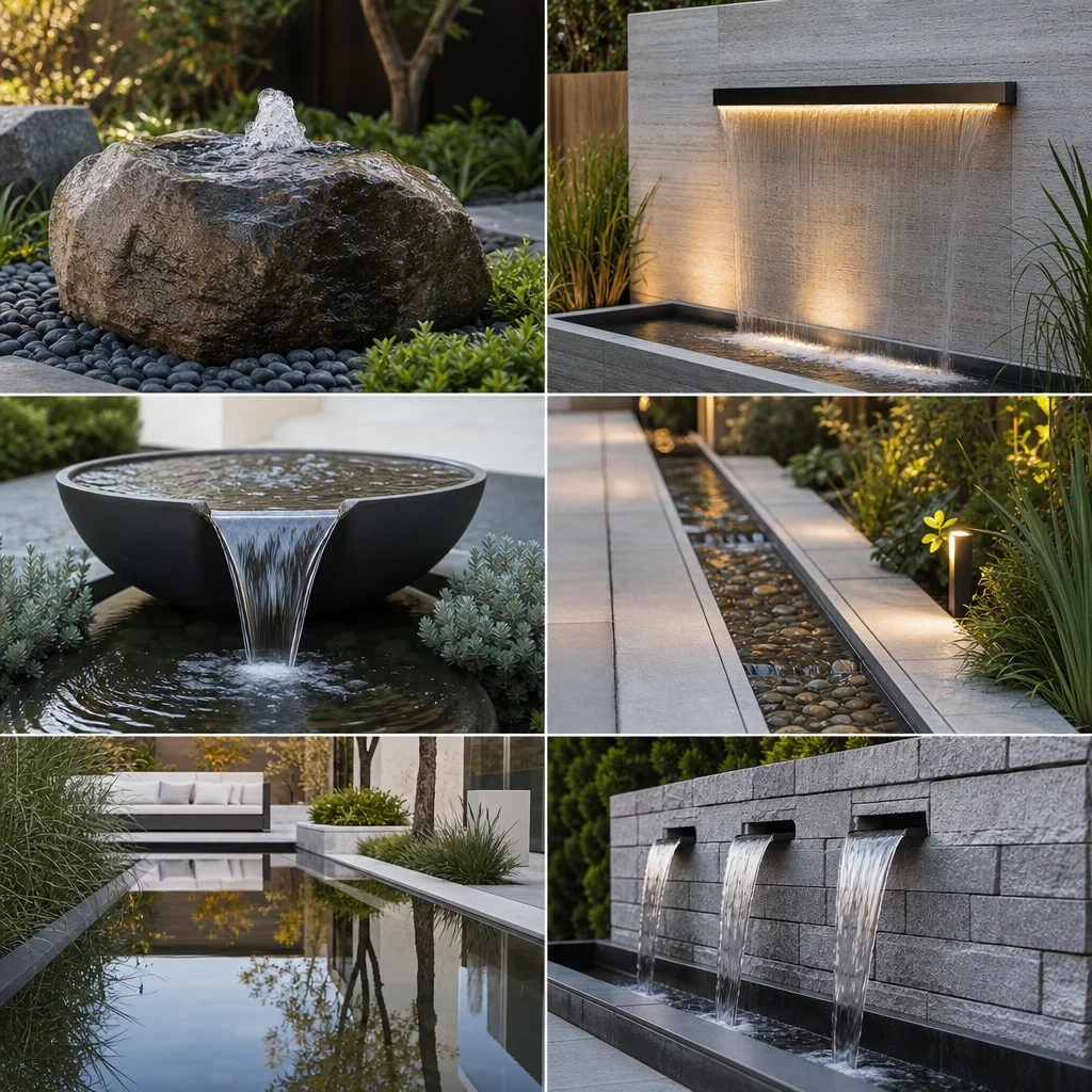 water feature ideas for front yards and backyard fountains a collage of different fountain and water feature ideas in a modern landscape.