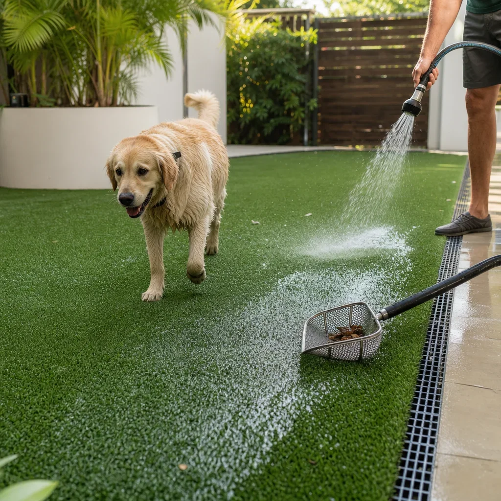backyard landscaping for dogs: 15 safe, durable design ideas a dog-friendly artificial turf area being rinsed and maintained in a backyard.
