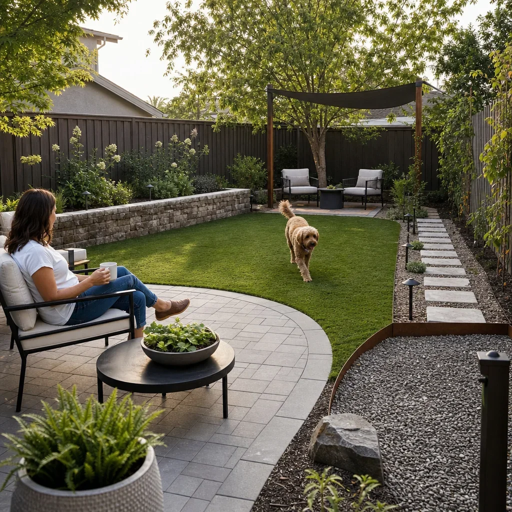backyard landscaping for dogs: 15 safe, durable design ideas a mixed-surface backyard showing zones for play, rest, patio use, and planting.