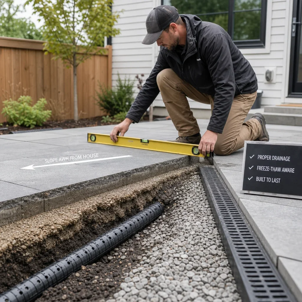 500 sq ft backyard ideas: smart layouts for gta homes contractor checking grading and drainage details in a small backyard.