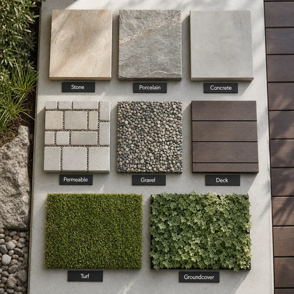 500 sq ft backyard ideas: smart layouts for gta homes material sample board comparing patio, gravel, deck, turf, and planting surfaces.
