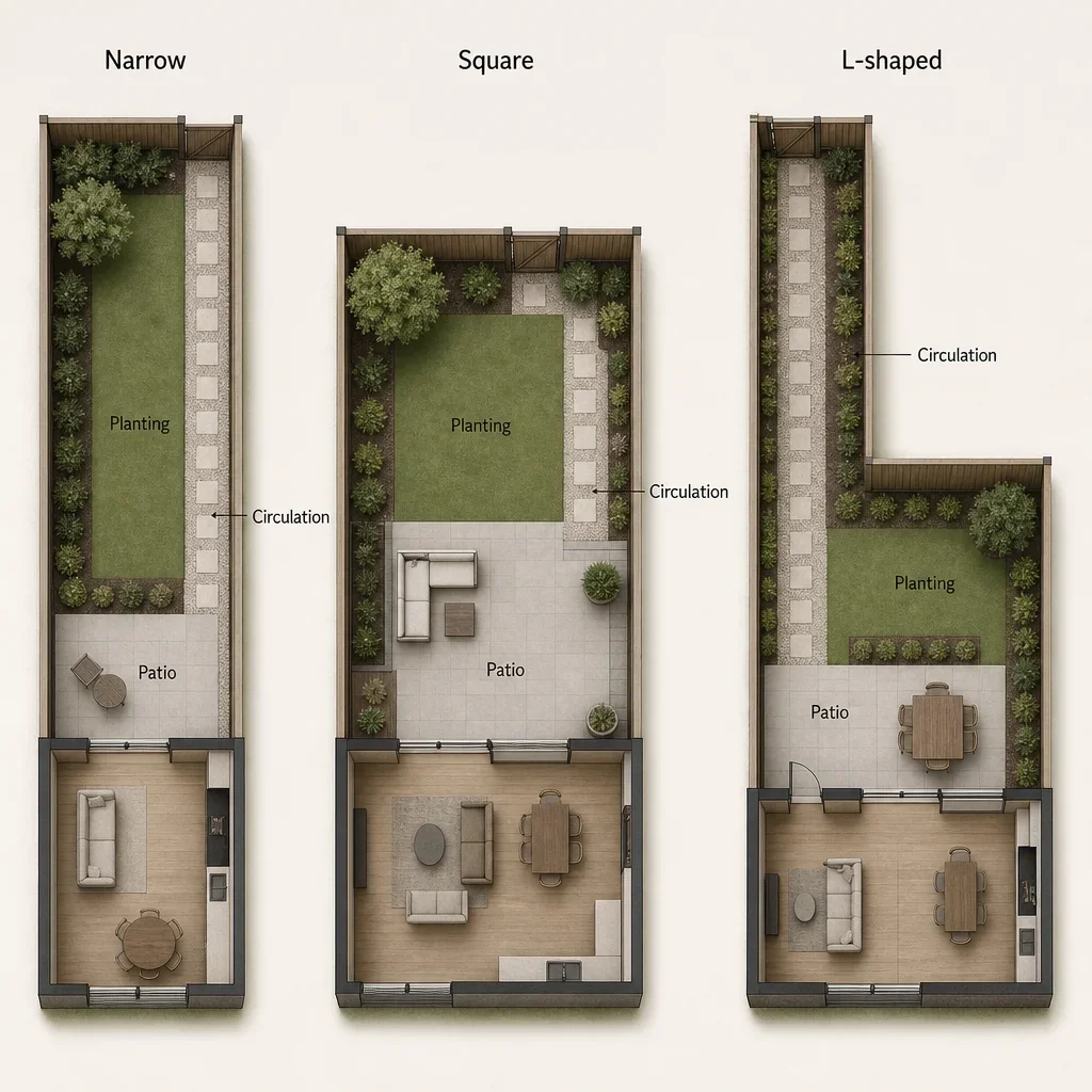 500 sq ft backyard ideas: smart layouts for gta homes top-down concept diagram showing three small backyard layout options.