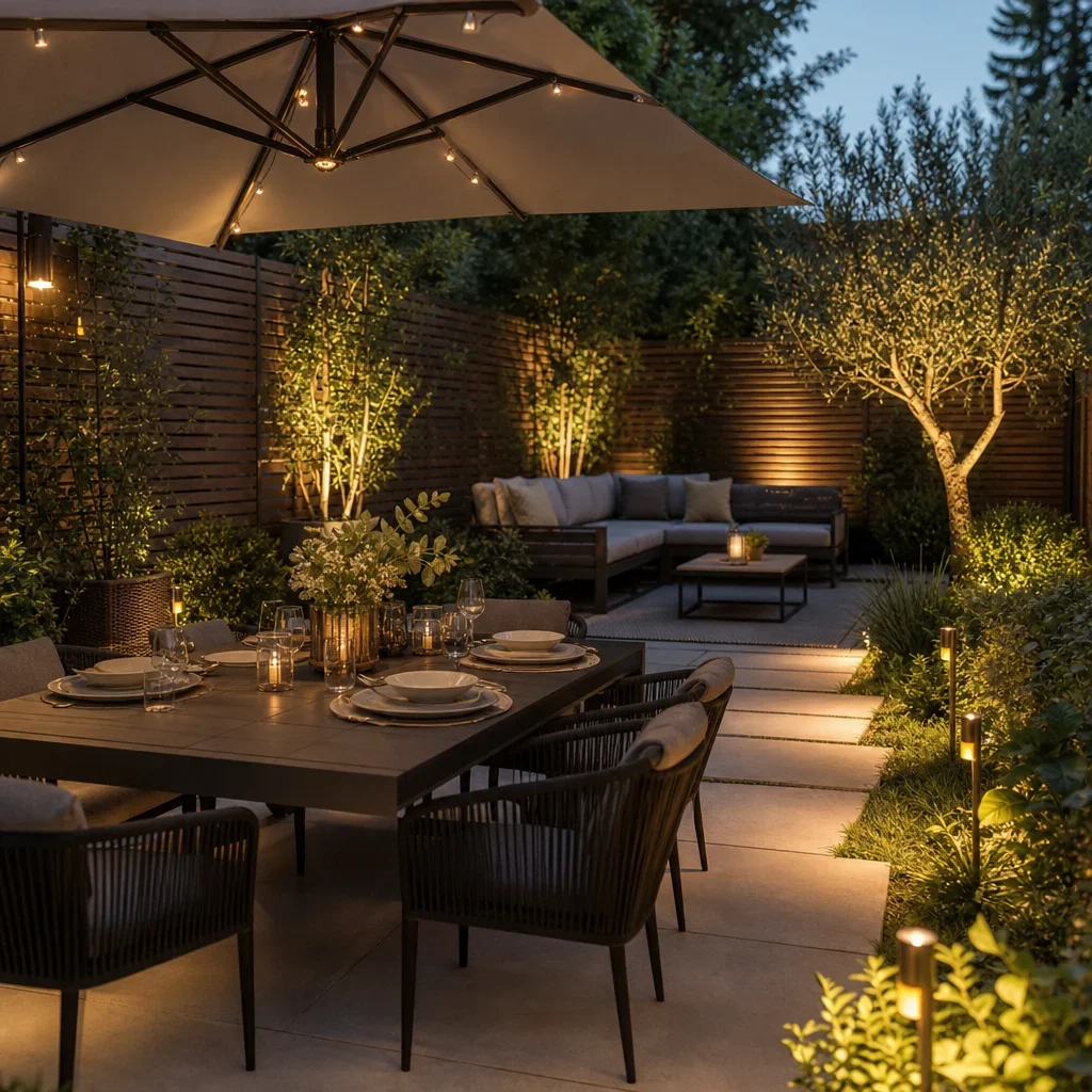 500 sq ft backyard ideas: smart layouts for gta homes small backyard with privacy screening, shade structure, and warm evening lighting.