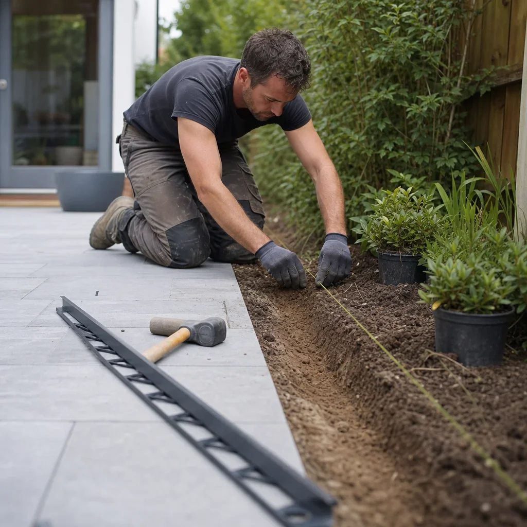 patio border garden ideas: best edging, plants & layouts a diy patio border being installed with tools, trench, and edging materials.