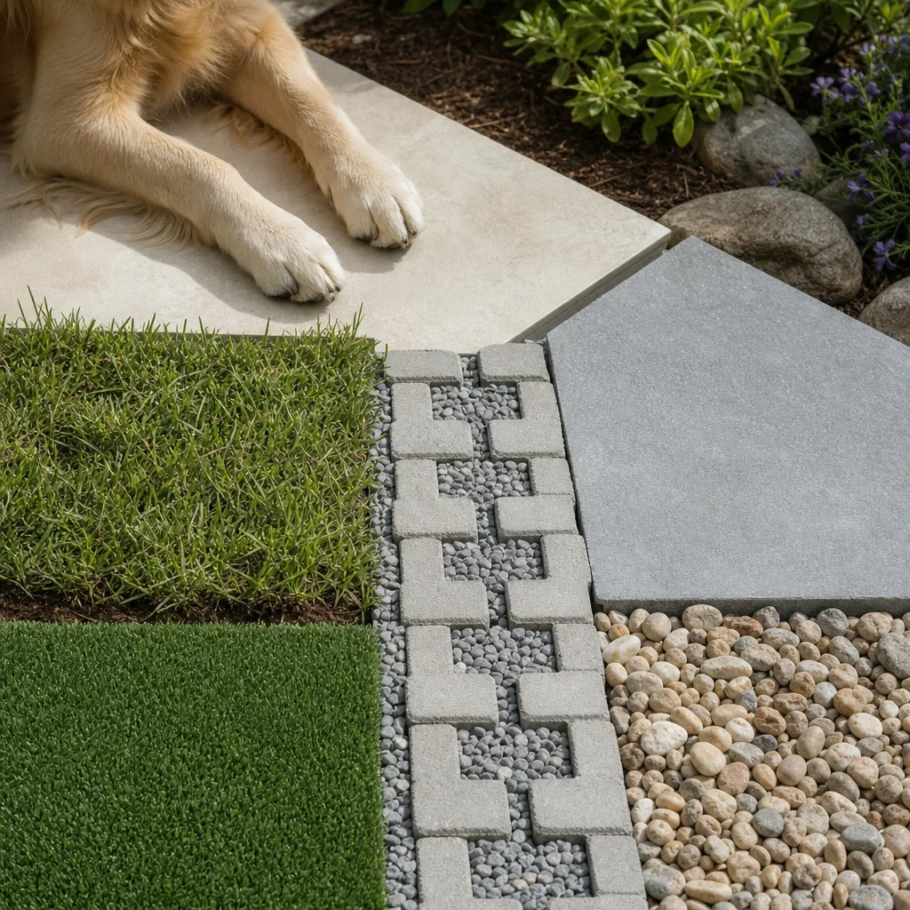backyard landscaping for dogs: 15 safe, durable design ideas a comparison of dog-friendly yard surfaces including grass, turf, pavers, stone, and gravel.