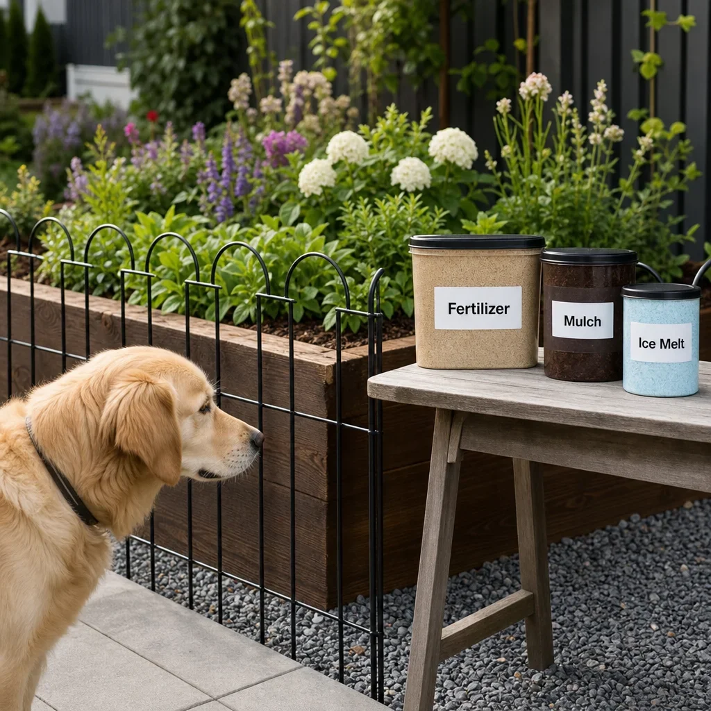 backyard landscaping for dogs: 15 safe, durable design ideas a raised garden bed with protective edging and garden product containers near a dog.