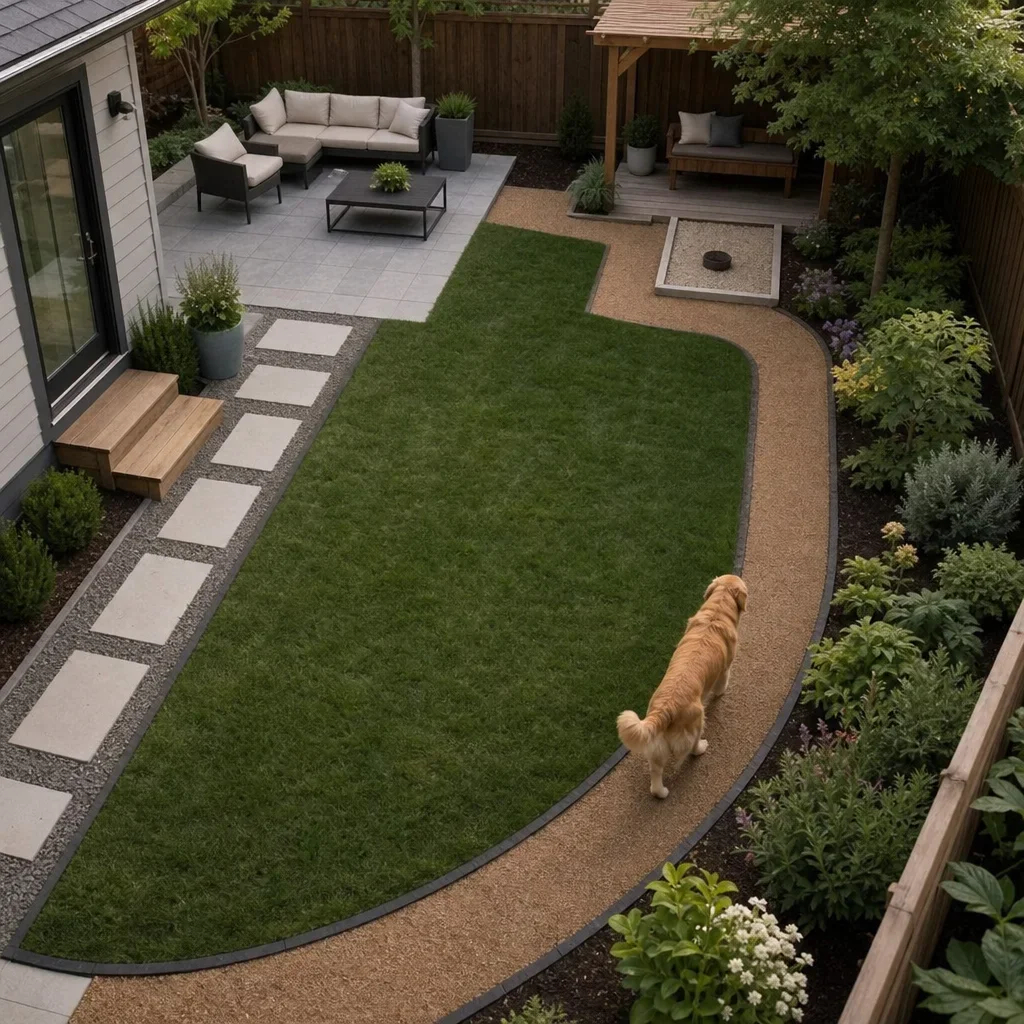 backyard landscaping for dogs: 15 safe, durable design ideas a backyard divided into clear zones for dog traffic, rest, potty use, and planting protection.
