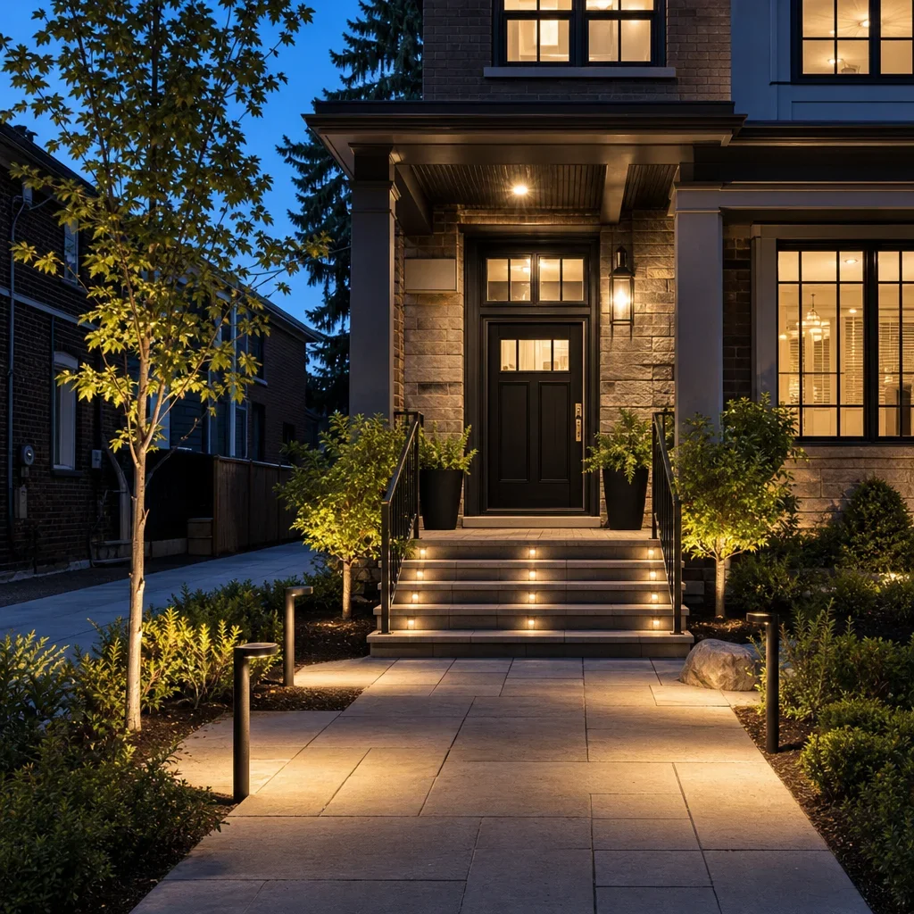 25 front porch landscaping designs for gta curb appeal a front porch with layered lighting, clear steps, and a safe accessible path.