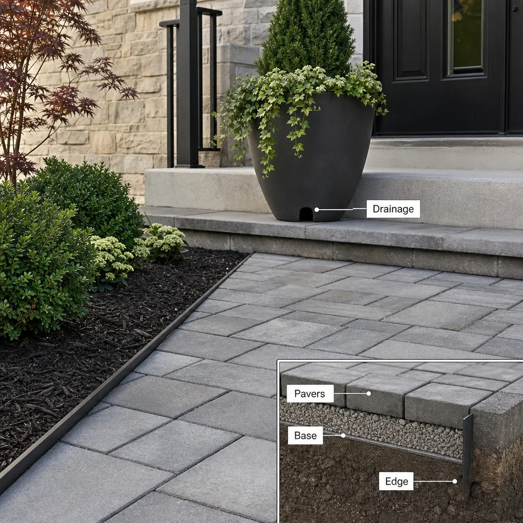 25 front porch landscaping designs for gta curb appeal front entry materials showing pavers, edging, and a drainage-aware planter.