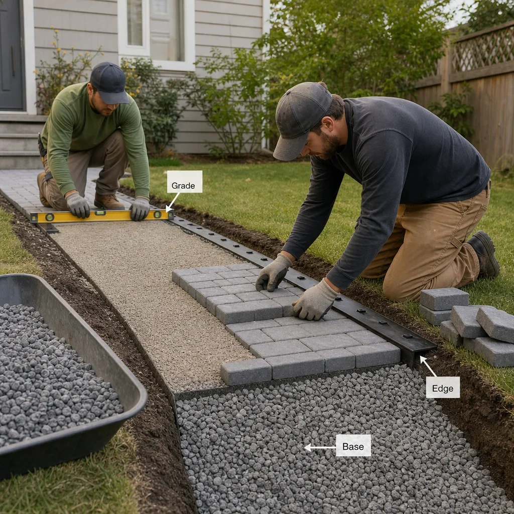 permeable walkway ideas: beautiful, drainage-ready paths for gta homes workers installing a permeable walkway with tools and base preparation.