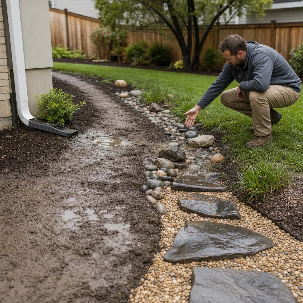backyard landscaping for dogs: 15 safe, durable design ideas a muddy dog path with a contractor evaluating drainage and grading fixes.