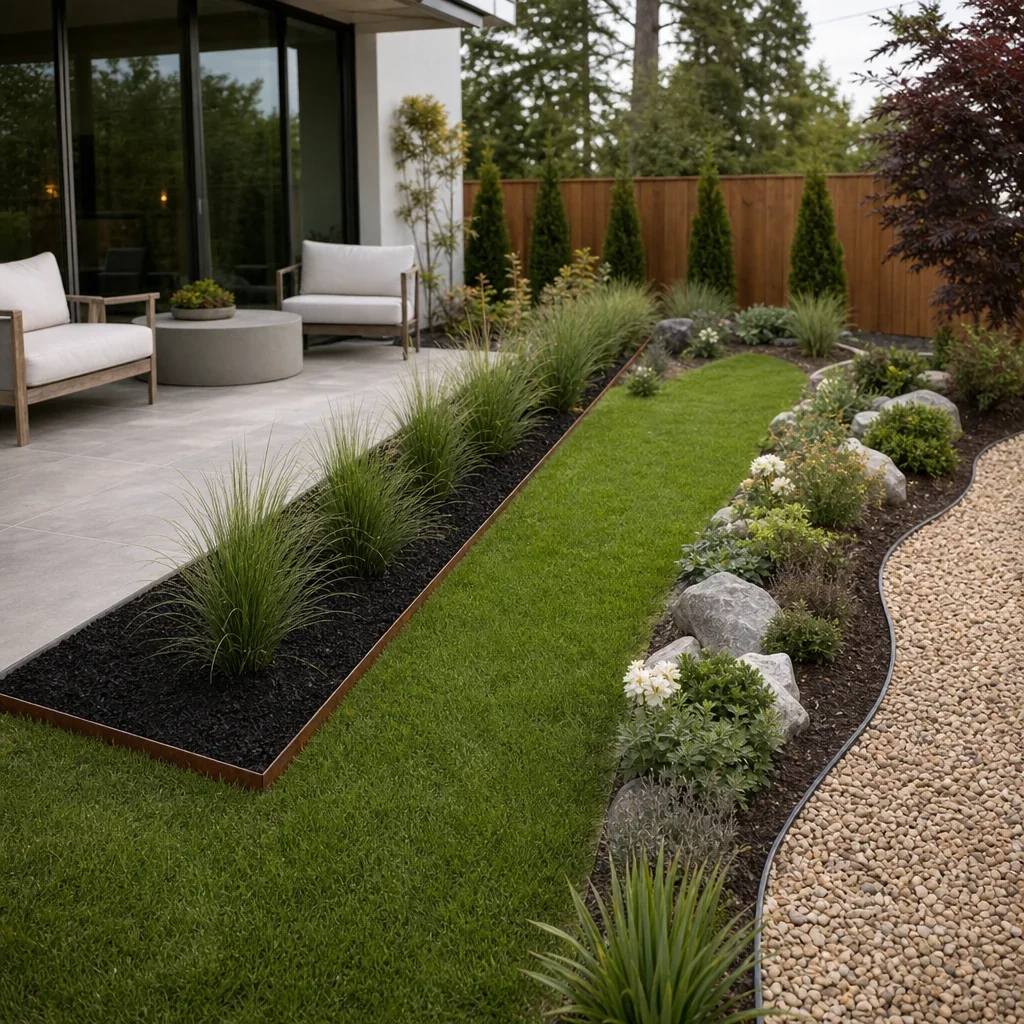 patio border garden ideas: best edging, plants & layouts three different patio border styles shown in one landscaped yard.
