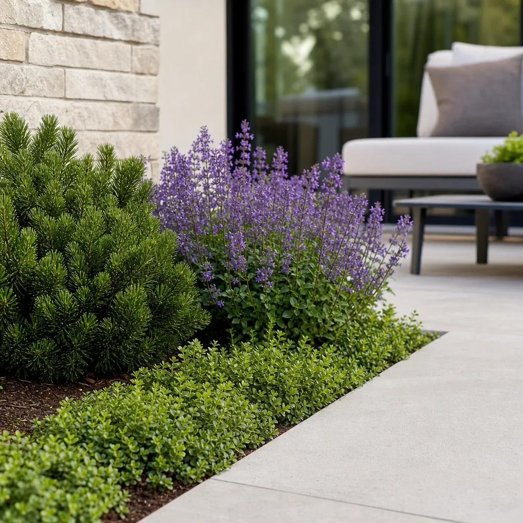patio border garden ideas: best edging, plants & layouts tidy patio edge planting with evergreen, flowering perennial, and groundcover.