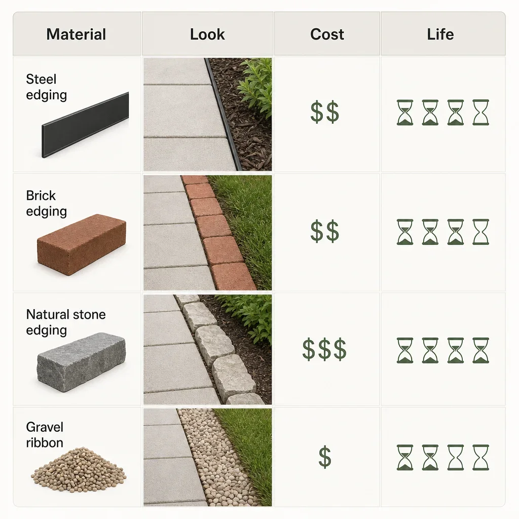 patio border garden ideas: best edging, plants & layouts a simple comparison chart of patio edging materials and their key traits.
