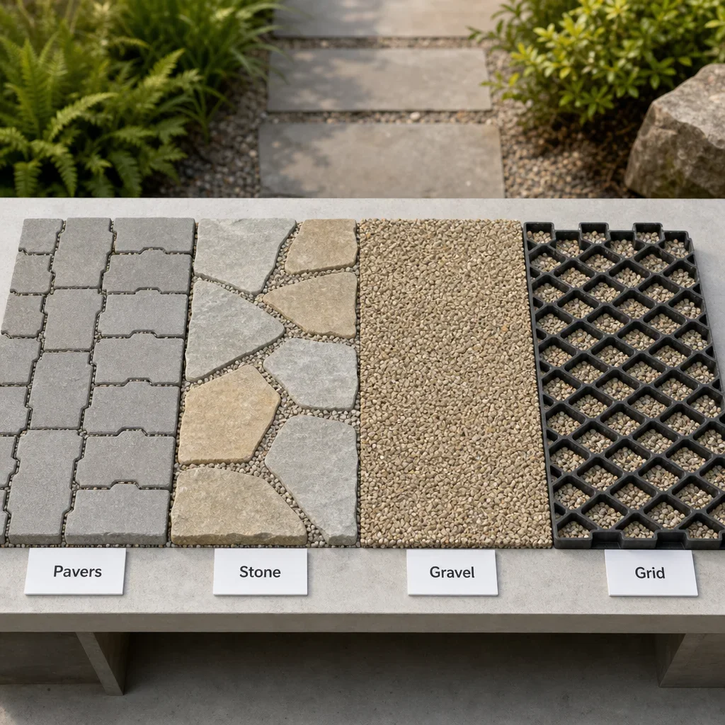 permeable walkway ideas: beautiful, drainage-ready paths for gta homes comparison of different permeable walkway materials laid out side by side.