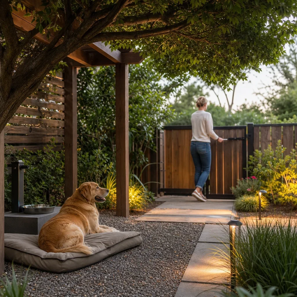 backyard landscaping for dogs: 15 safe, durable design ideas a shaded backyard with water, fencing, and pathway lighting for dogs.