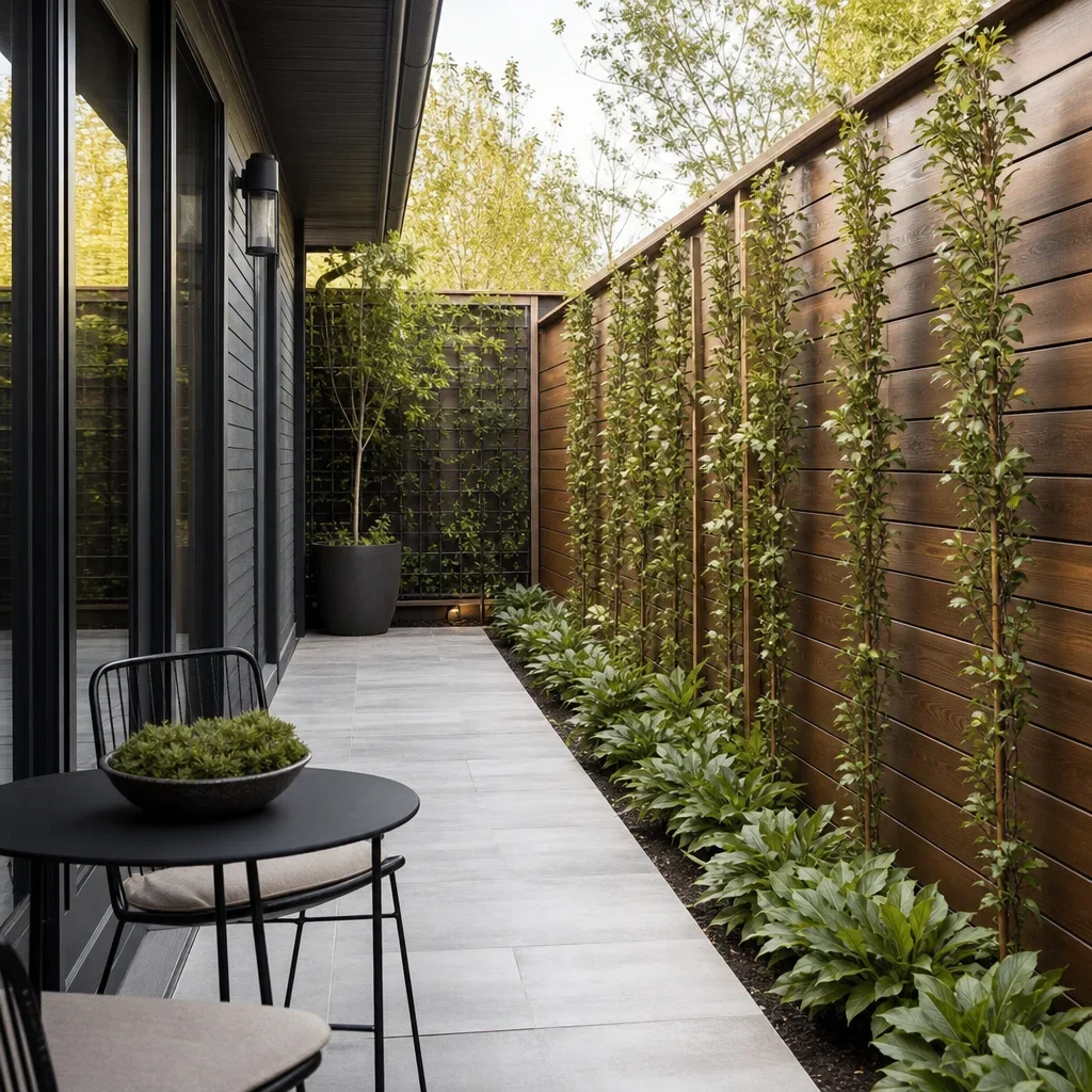 patio border garden ideas: best edging, plants & layouts a small patio border in a narrow side yard with compact planting and a clean edge.