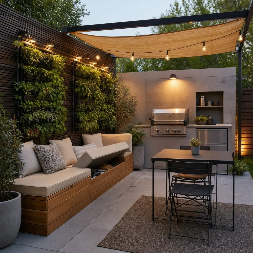500 sq ft backyard ideas: smart layouts for gta homes compact backyard with built-in seating, storage, vertical planting, and flexible features.