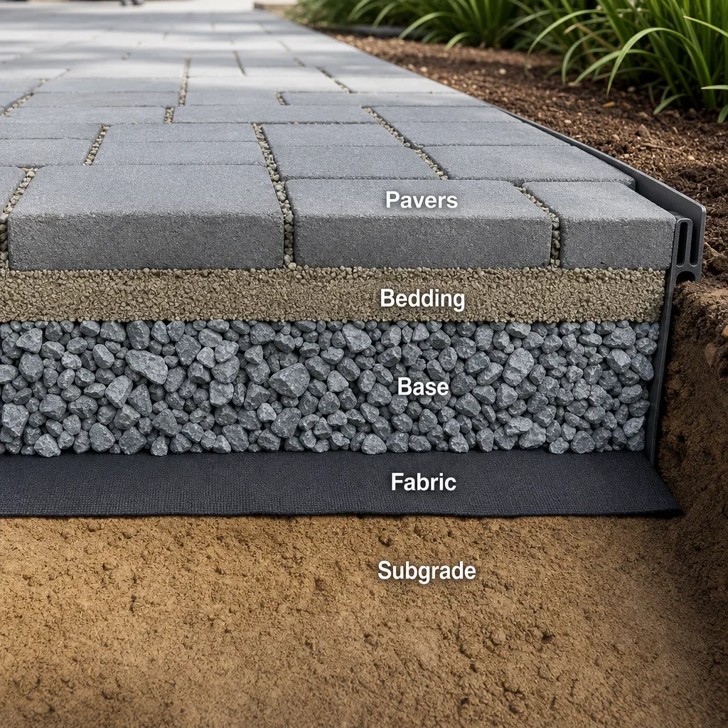 permeable walkway ideas: beautiful, drainage-ready paths for gta homes close-up cutaway of the layers beneath permeable pavers.